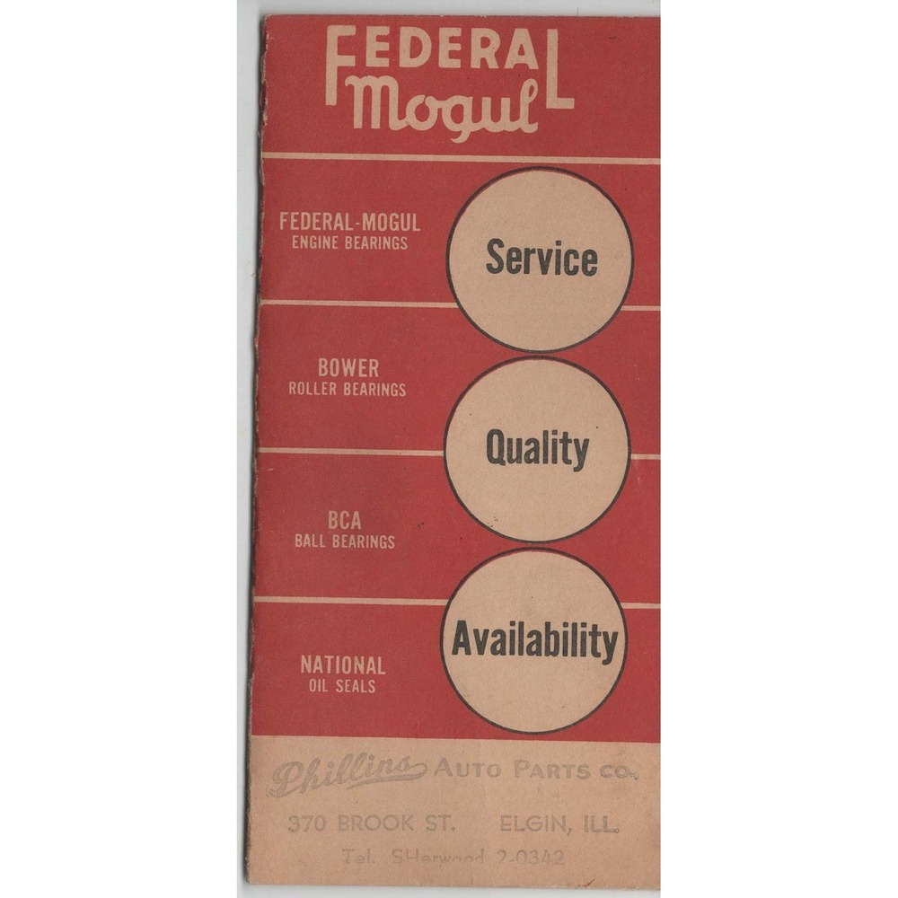 Vtg Federal Mogul Bearing Brochure Phillips Auto Parts Elgin IL VG - Picture 1 of 2